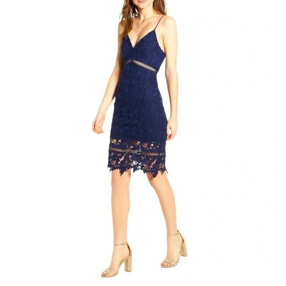 ASTR Lace Bodycon Navy Blue Mini Above Knee Dress Spaghetti Strap Size M - Picture 1 of 14